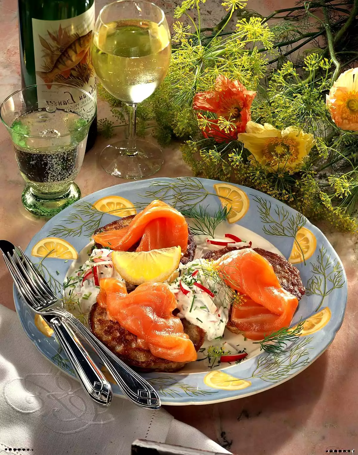 Blinis with radish quark and salmon
