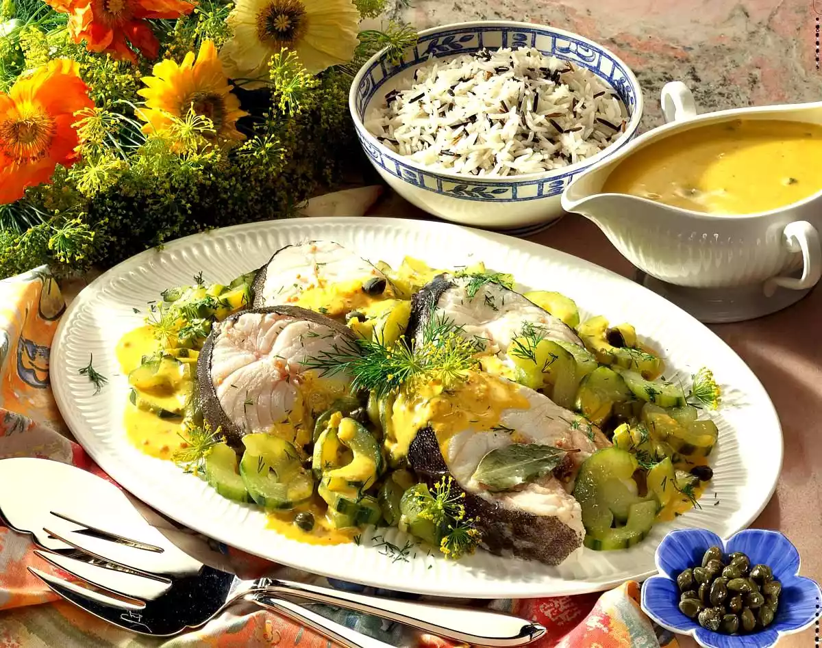 Cod chop with mustard-potato sauce
