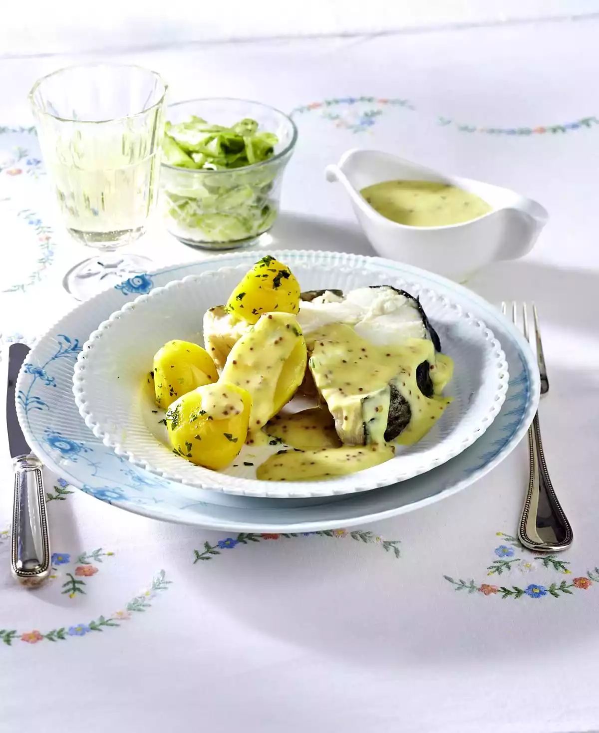 Cooked Fish In Mustard Sauce With Cucumber Salad Recipe