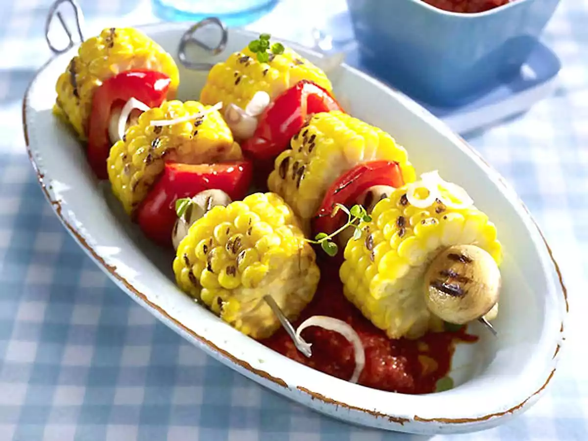 Corn Paprika Skewers With Hot Tomato Sauce Recipe
