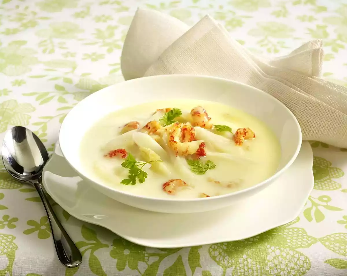 Cream Of Asparagus Soup With Crab Meat And Chervil Recipe