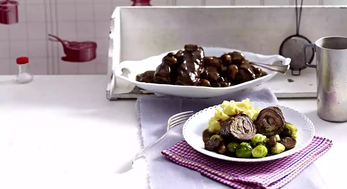 Elisabeth's Beef Roulades With Mashed Potatoes And Brussels Sprouts Recipe