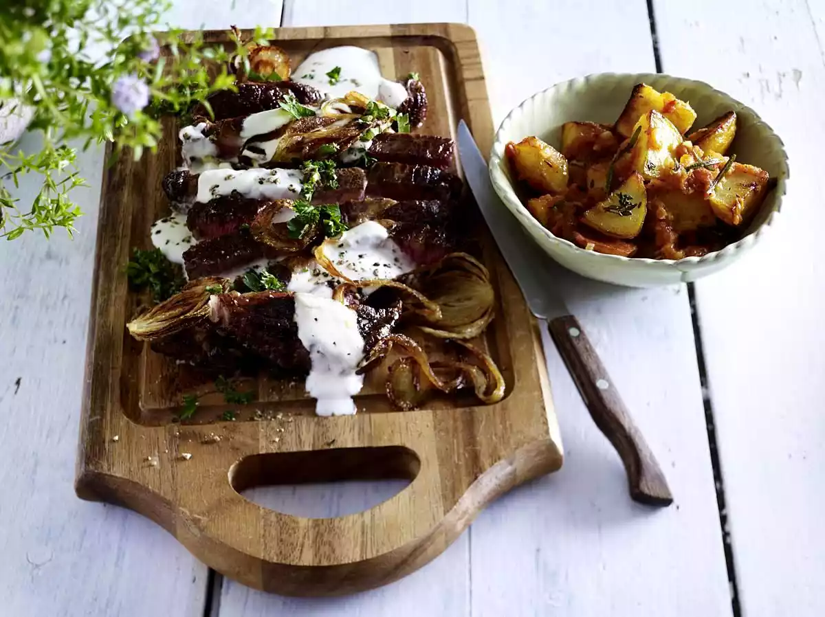 Entrecôte With Roasted Onions And Patatas Bravas Recipe