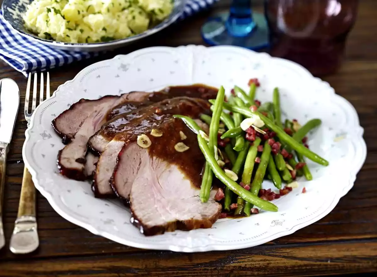 Glazed Roast Pork With Plum Jam-horseradish Sauce And Potatoes Recipe