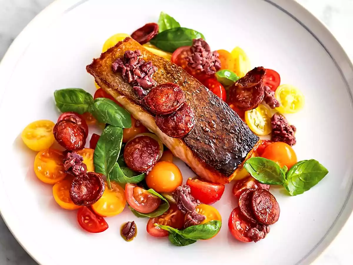 Jamies\' Fried Salmon With Chorizo Recipe