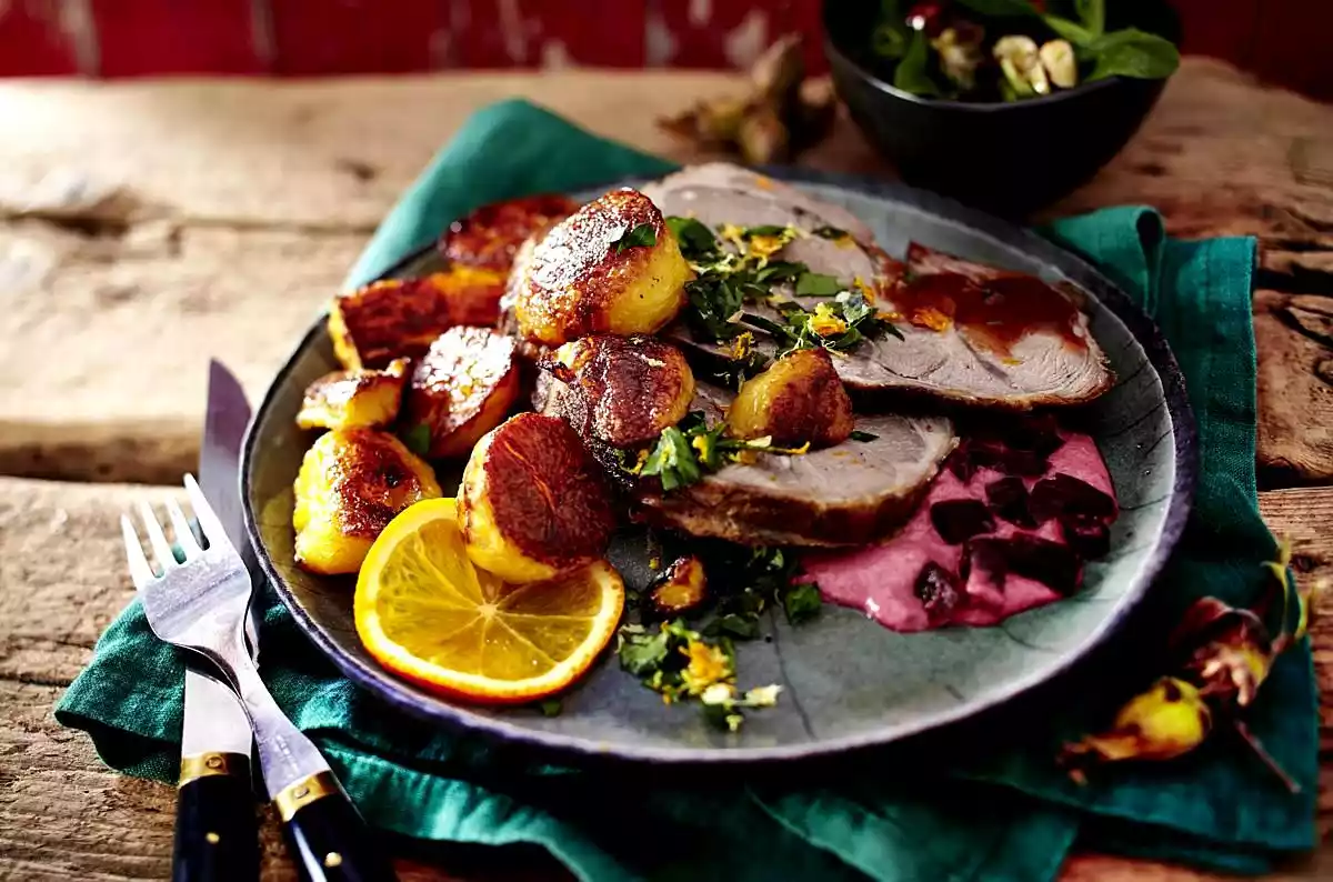 Lamb With Orange-gremolata, Beetroot Dip And Roasted Potatoes Recipe