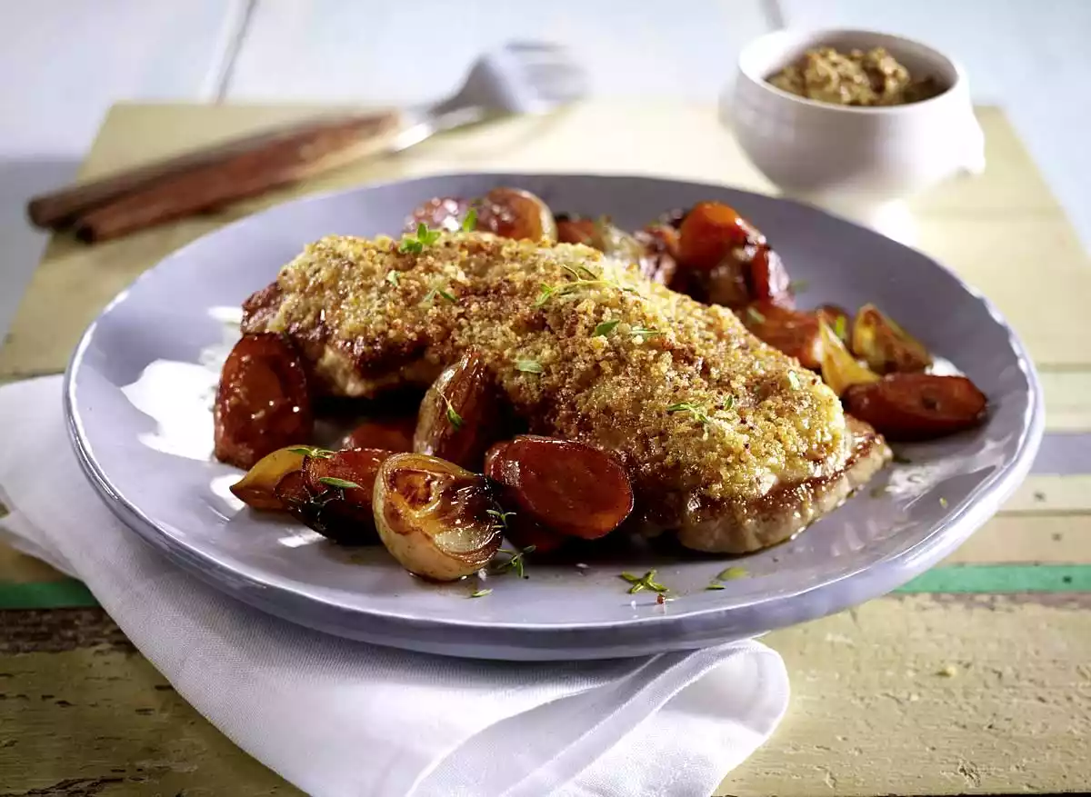 Oven Cutlets With Mustard Crust And Balsamic Carrots Recipe