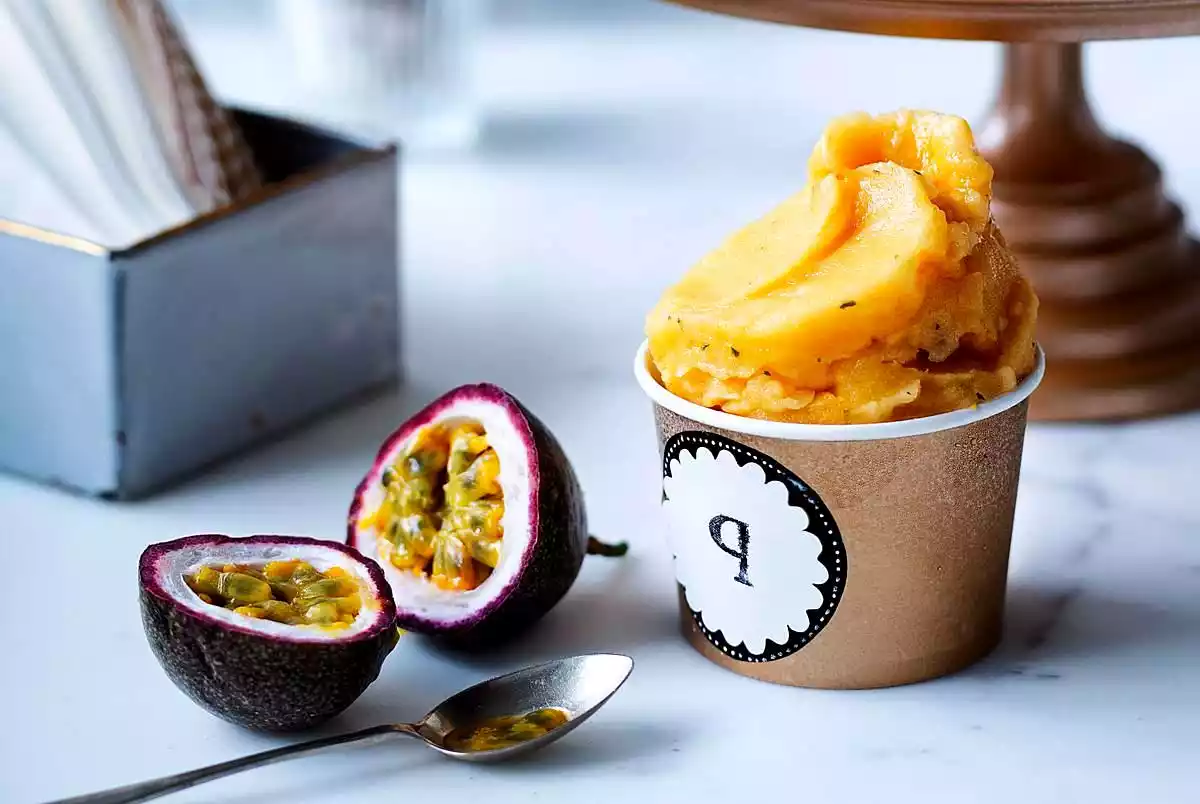 Passion fruit sorbet with mint