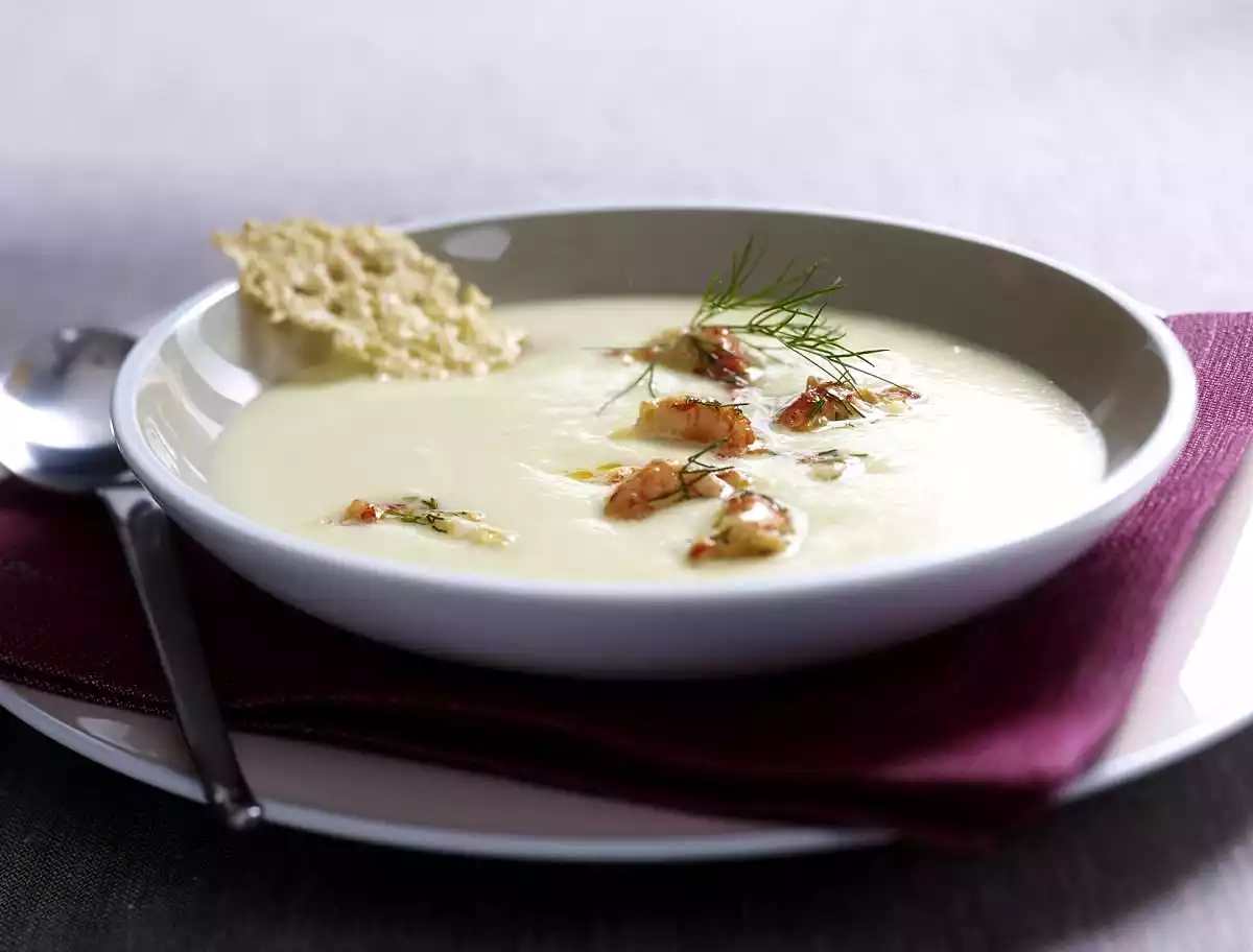 Potato-celery soup with crayfish
