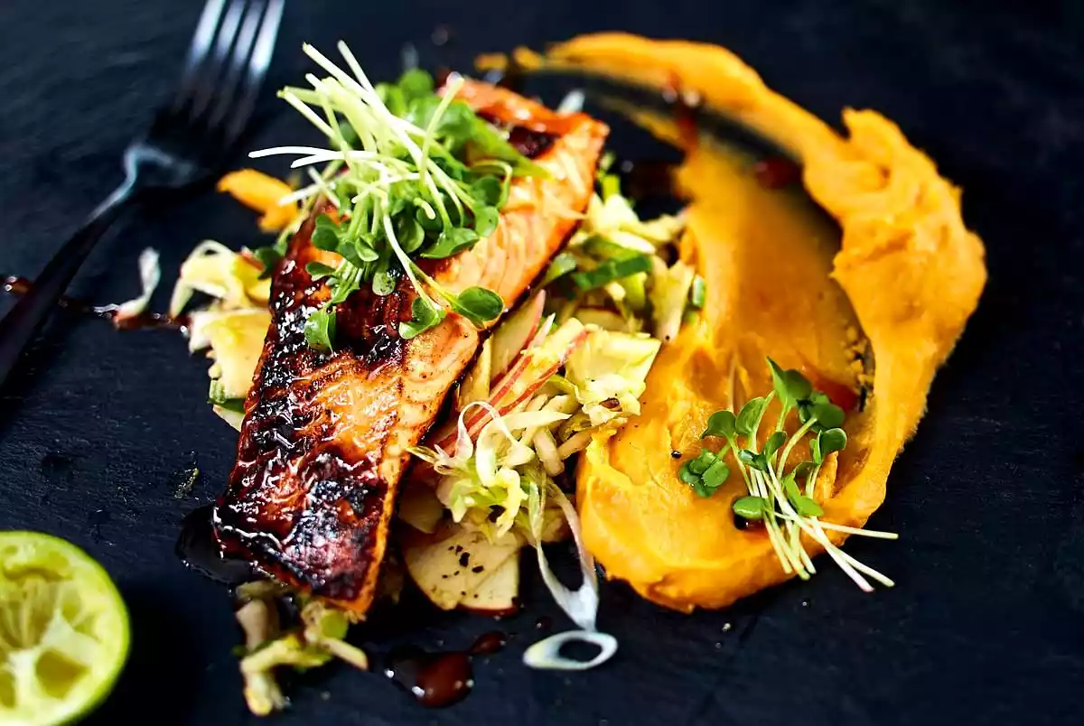 Salmon With Sriracha Glaze On Coleslaw And Sweet Potato Cream Recipe
