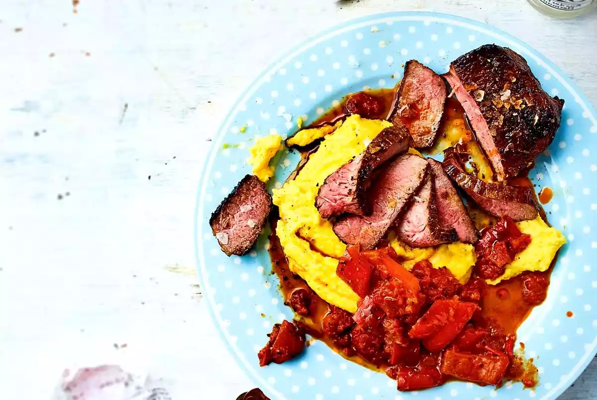 Steak With Polenta And Paprika Vegetables Recipe