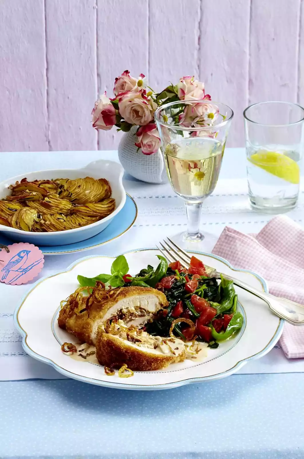 Stuffed Chicken Filets With Bruschetta Spinach And Roast Potatoes Recipe