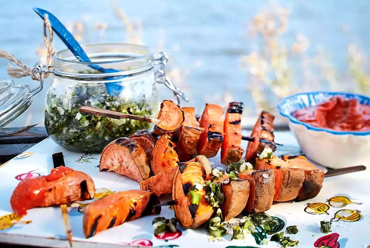 Sweet Potato Skewers With Tahini Sauce And Chimichurri Recipe