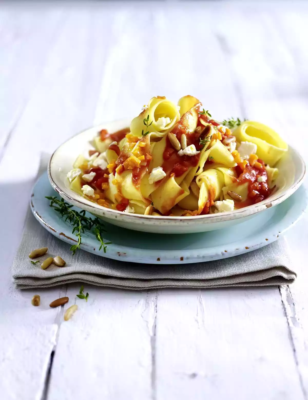 Tagliatelle With Carrot-tomato Sauce, Pine Nuts And Feta Cheese Recipe