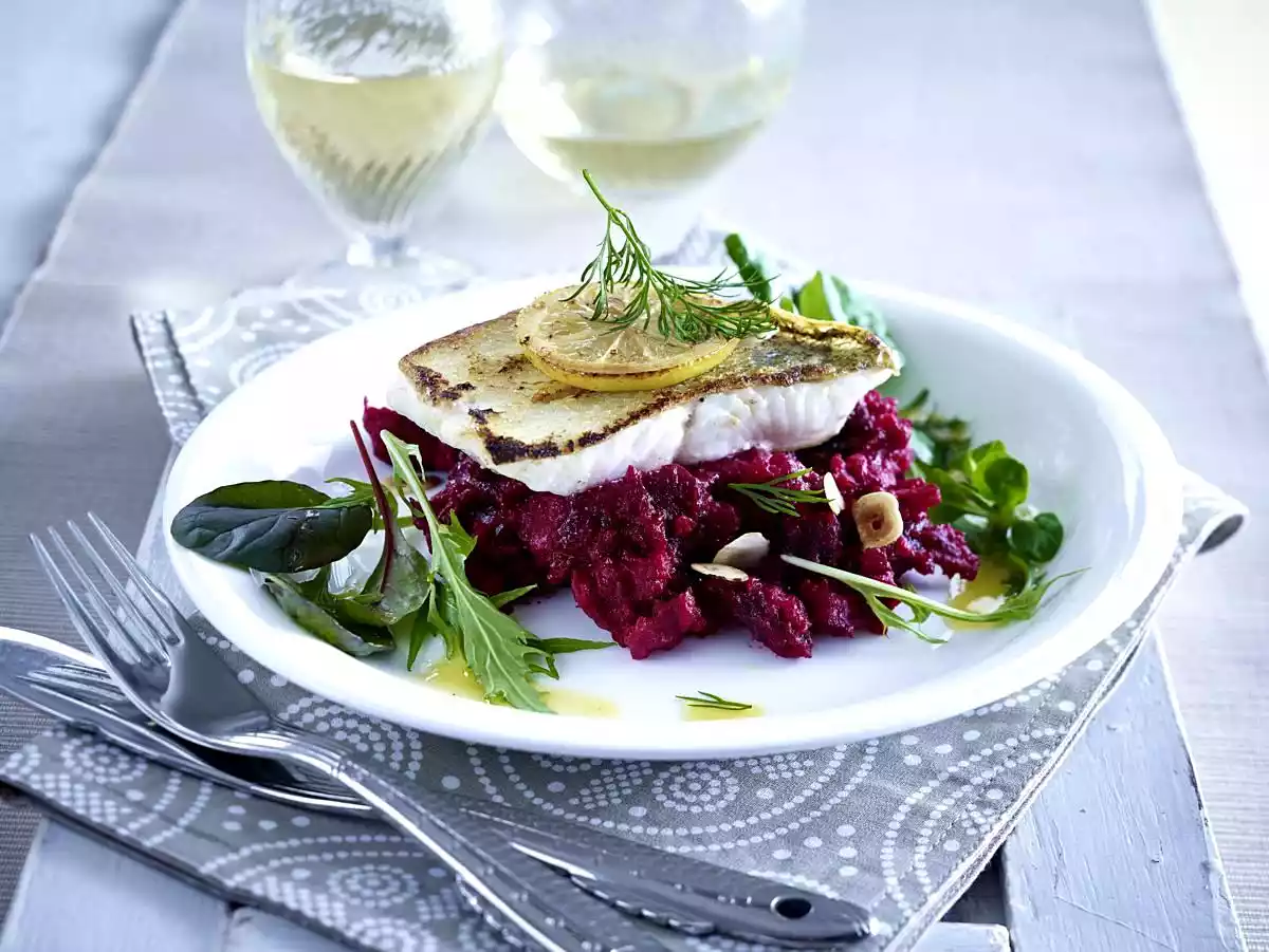Zander on beetroot mashed potatoes